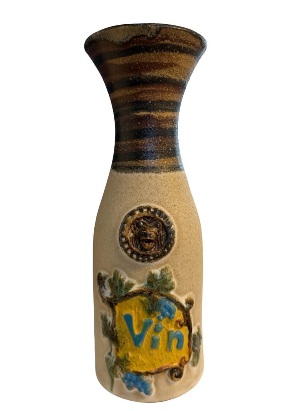 Vintage Pacific Stoneware Wine Bottle Vase 1970 Vin Grapes USA Pottery 11"